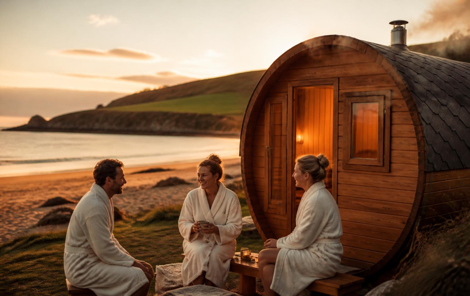 Friends in robes chatting beside a wooden sauna on Tramore beach at golden hour